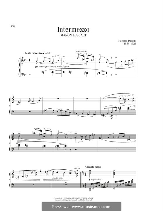 Manon Lescaut : Intermezzo, for piano by Giacomo Puccini