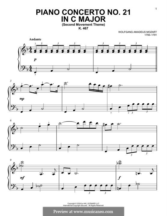 Concerto for Piano and Orchestra No.21 in C Major, K.467: Movement II (Excerpt). Version for piano by Wolfgang Amadeus Mozart