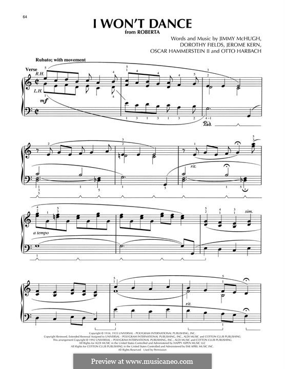 I Won't Dance (from Roberta): Para Piano by Jerome Kern