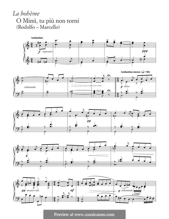 O Mimì, tu più non torni: Para Piano by Giacomo Puccini