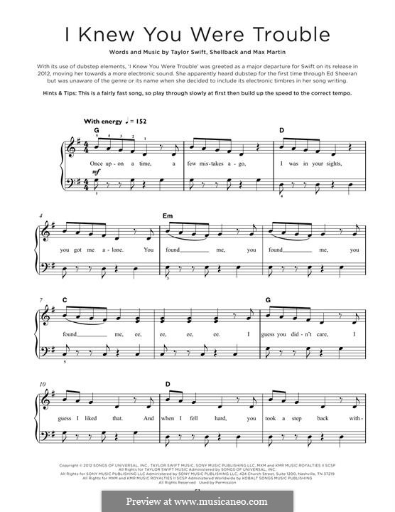 I Knew You Were Trouble (Taylor Swift): Para Piano by Shellback, Max Martin