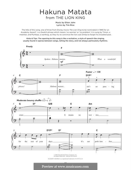 Hakuna Matata (from The Lion King): Para Piano by Elton John