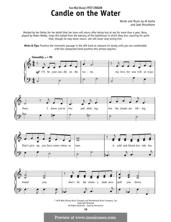 Candle on the Water (from Walt Disney's Pete's Dragon): Para Piano by Al Kasha, Joel Hirschhorn