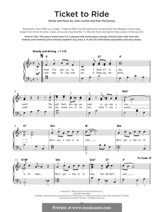 Ticket to Ride (The Beatles): Para Piano by John Lennon, Paul McCartney