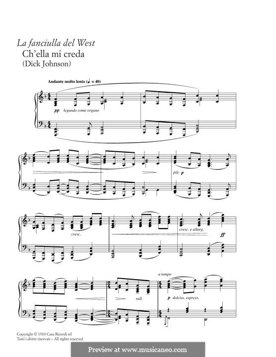 La fanciulla del West (The Girl of the West): Ch'ella mi creda, for piano by Giacomo Puccini
