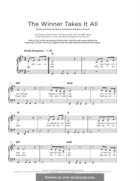 The Winner Takes it All (ABBA): Para Piano by Benny Andersson, Björn Ulvaeus