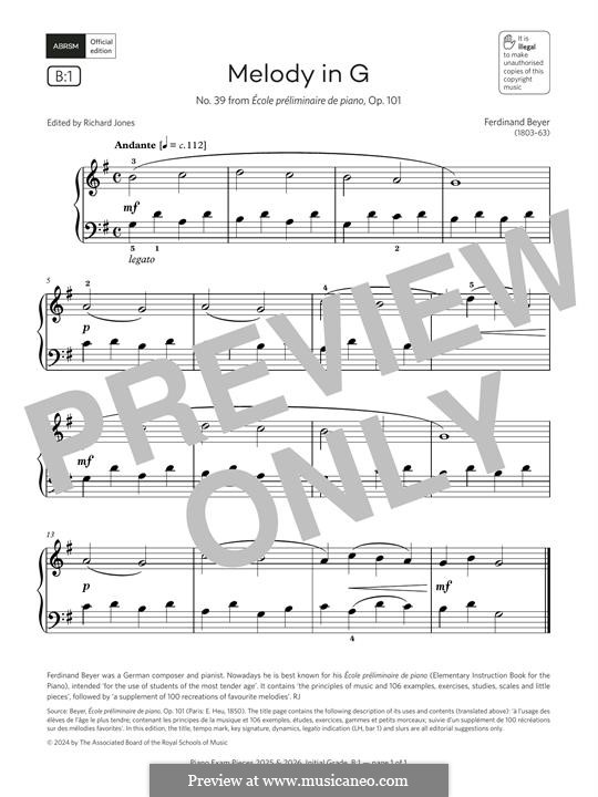 Preschool in Piano Paying, Op.101: No.39 Melody in G by Ferdinand Beyer