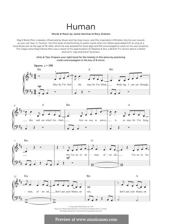 Human (Rag'n'Bone Man): Para Piano by Jamie Hartman, Rory Graham