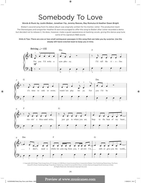 Somebody to Love: Para Piano by Heather Bright, Jeremy Reeves, Jonathan Yip, Justin Bieber, Ray Romulus