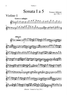 Six Sonatas for Strings and Basso Continuo, Op.2: Complete set – violin I part by Tomaso Albinoni