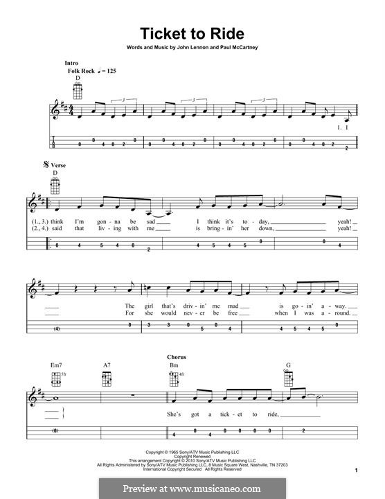 Ticket to Ride (The Beatles): For mandolin by John Lennon, Paul McCartney