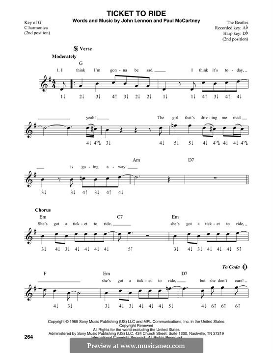 Ticket to Ride (The Beatles): For harmonica by John Lennon, Paul McCartney