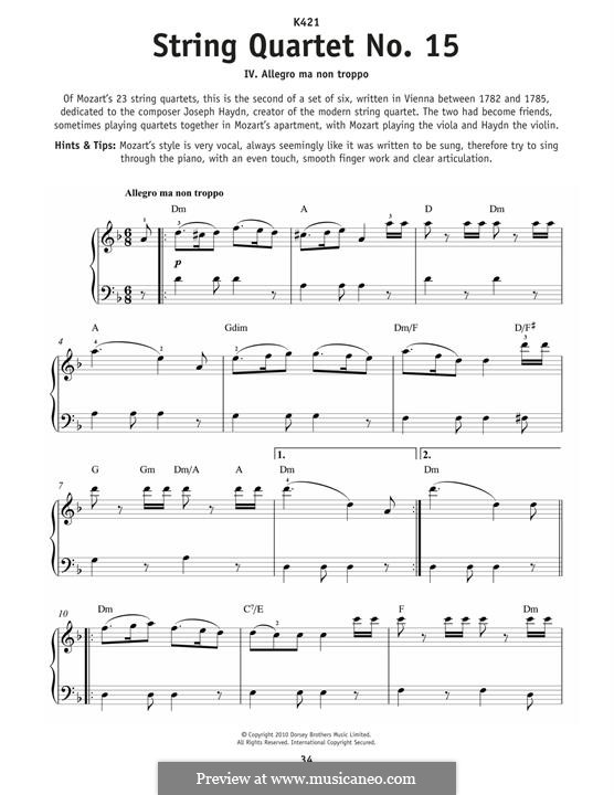 String Quartet No.15 in D Minor, K.421/K.417b: Allegretto Ma Non Troppo, for piano by Wolfgang Amadeus Mozart