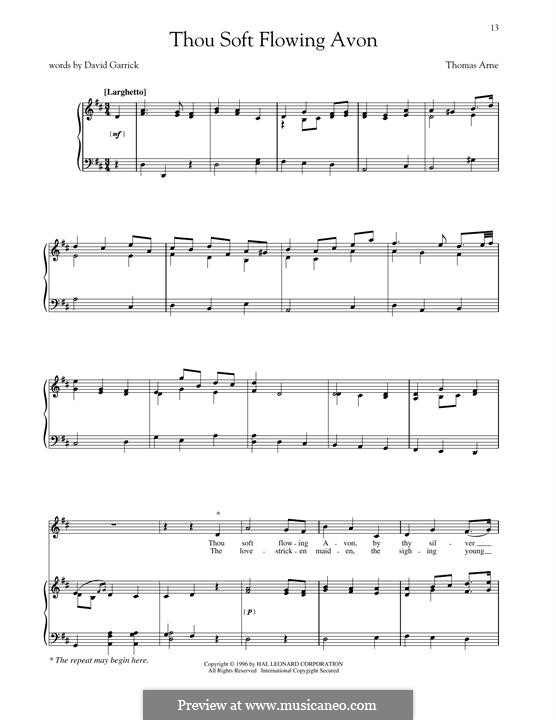 Thou Soft Flowing Avon: Para vocais e piano by Thomas Augustine Arne
