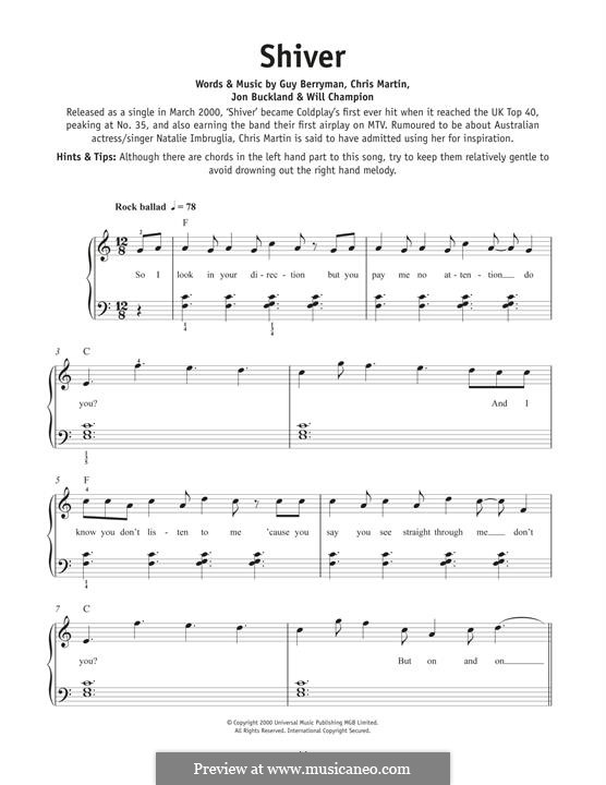 Shiver (Coldplay): Para Piano by Chris Martin, Guy Berryman, Jonny Buckland, Will Champion