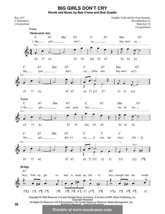 Big Girls Don't Cry (Frankie Valli and The Four Seasons): For harmonica by Bob Crewe, Bob Gaudio