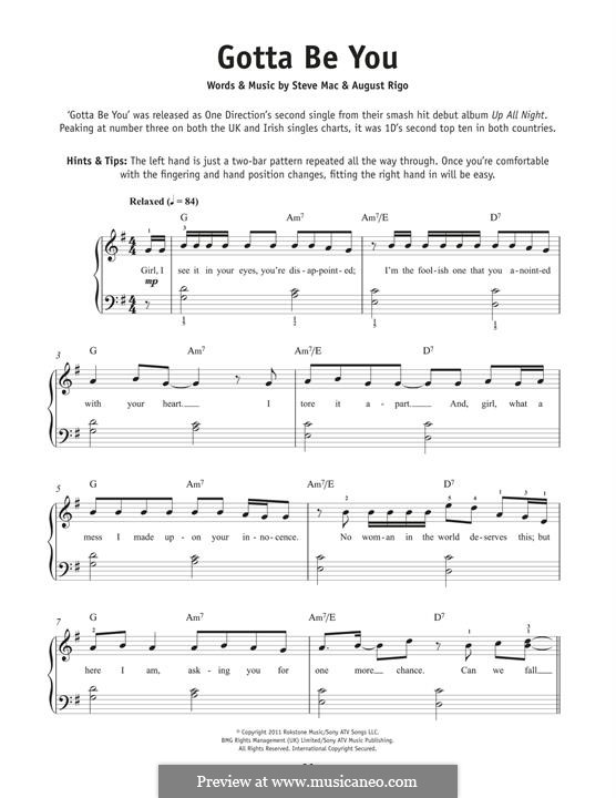 Gotta Be You (One Direction): Para Piano by August Rigo, Steve Mac