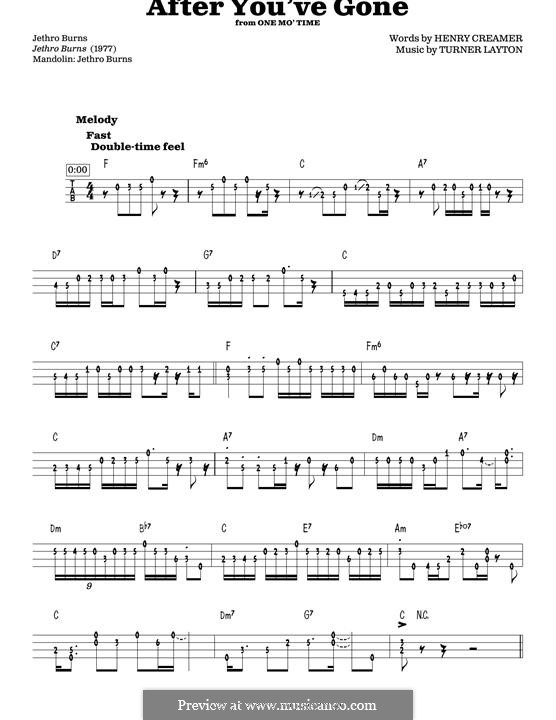 After You've Gone (Sophie Tucker): For mandolin by Henry Creamer, J. Turner Layton