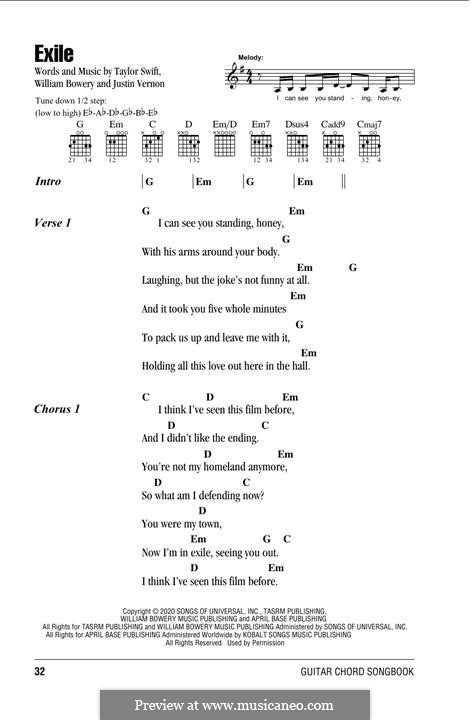 Exile (feat. Bon Iver): Lyrics and guitar chords by Justin Vernon, Taylor Swift, William Bowery