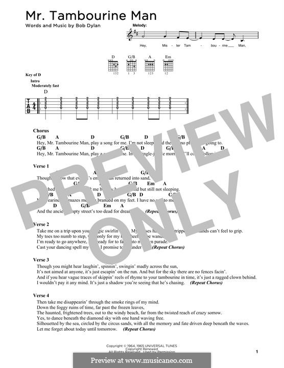Mr. Tambourine Man: Lyrics and guitar chords by Bob Dylan