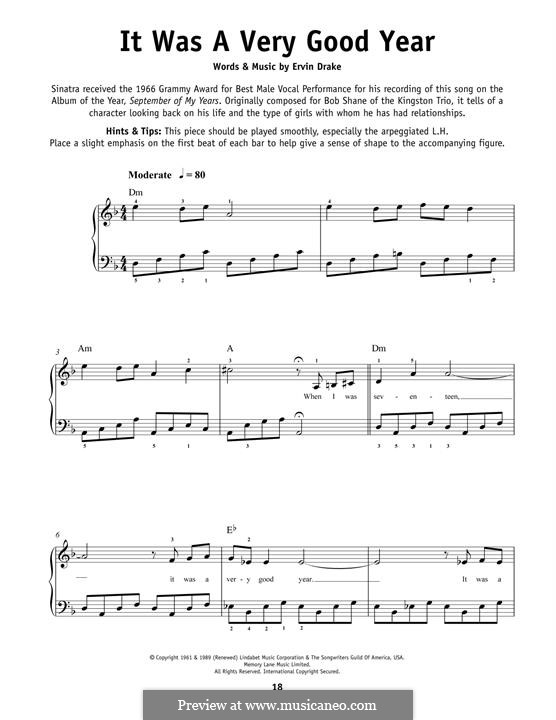 It Was a Very Good Year (Frank Sinatra): Para Piano by Ervin Drake
