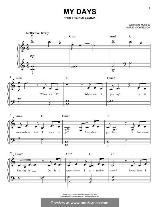 My Days (from The Notebook): Para Piano by Ingrid Michaelson