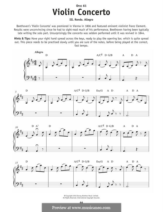 Concerto for Violin and Orchestra in D Major, Op.61: Movement III, Theme for piano by Ludwig van Beethoven