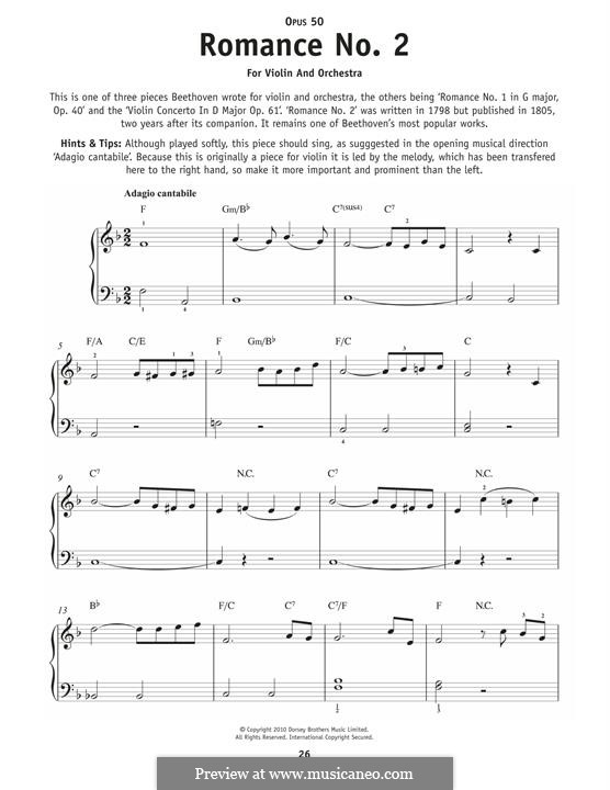Romance for Violin and Orchestra No.2 in F Major, Op.50: Para Piano by Ludwig van Beethoven