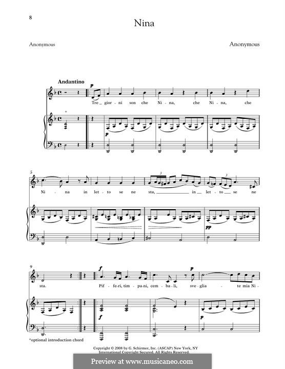 Tre giorni son che Nina: Medium Low Voice by Giovanni Battista Pergolesi