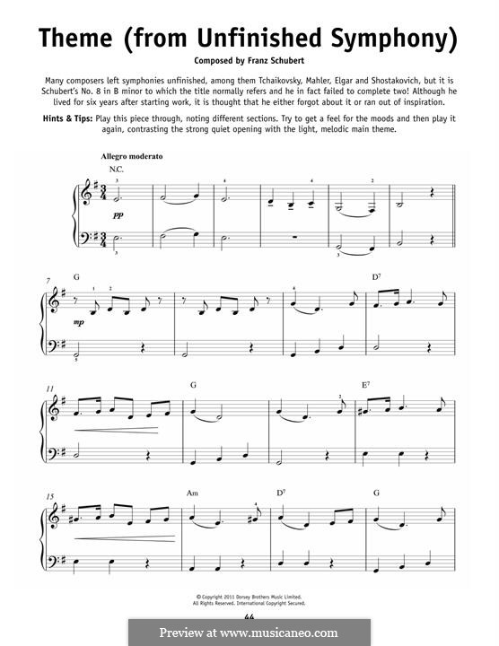 Symphony No.8 in B Minor 'Unfinished', D.759: Theme. Version for piano by Franz Schubert