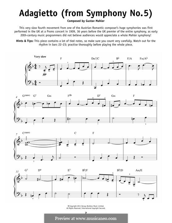 Symphony No.5 in C Sharp Minor: Movement IV (Excerpt), for piano by Gustav Mahler