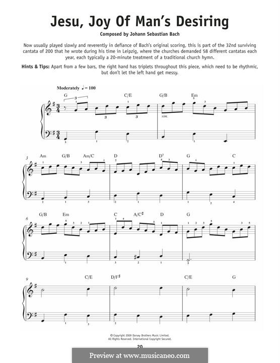 Jesu, Joy of Man's Desiring, for Piano: Easy notes by Johann Sebastian Bach