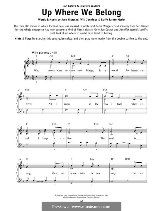 Up Where We Belong (Joe Cocker and Jennifer Warnes): Para Piano by Buffy Sainte-Marie, Jack Nitzsche, Will Jennings