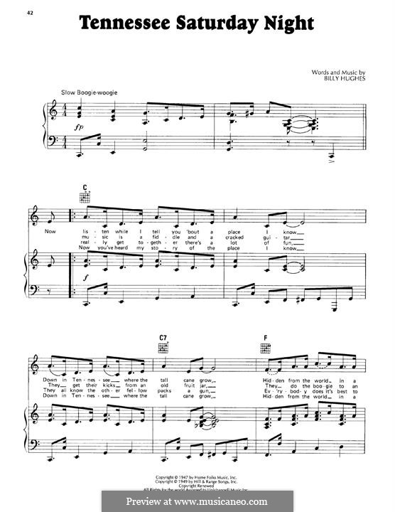 Tennessee Saturday Night (Pat Boone): Para vocais e piano (ou Guitarra) by Billy Hughes
