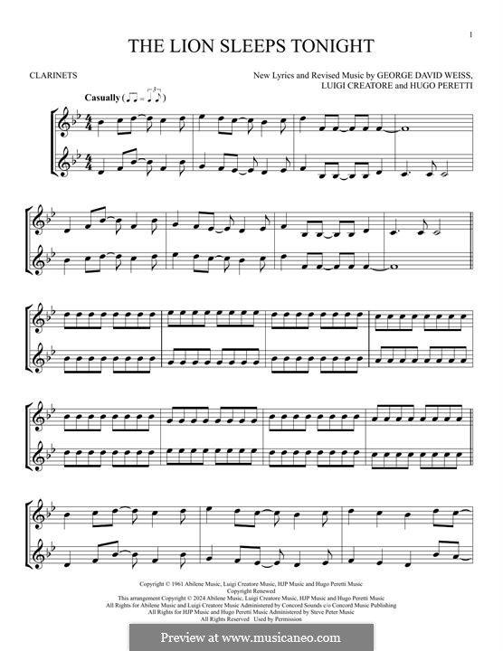 The Lion Sleeps Tonight (Wimoweh): para duas clarinetas by George David Weiss, Hugo Peretti, Luigi Creatore