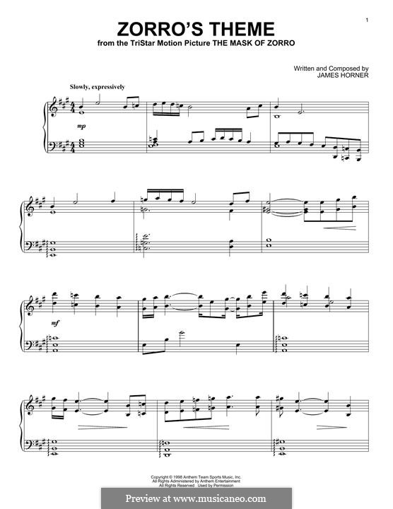 Zorro's Theme (from The Mask of Zorro): Para Piano by James Horner
