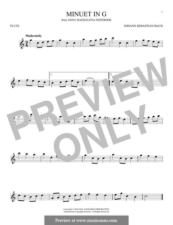 No.4 Minuet in G Major, BWV Anh.114: para flauta by Johann Sebastian Bach