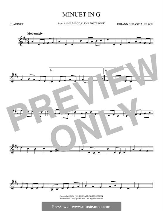 No.4 Minuet in G Major, BWV Anh.114: para clarinete by Johann Sebastian Bach