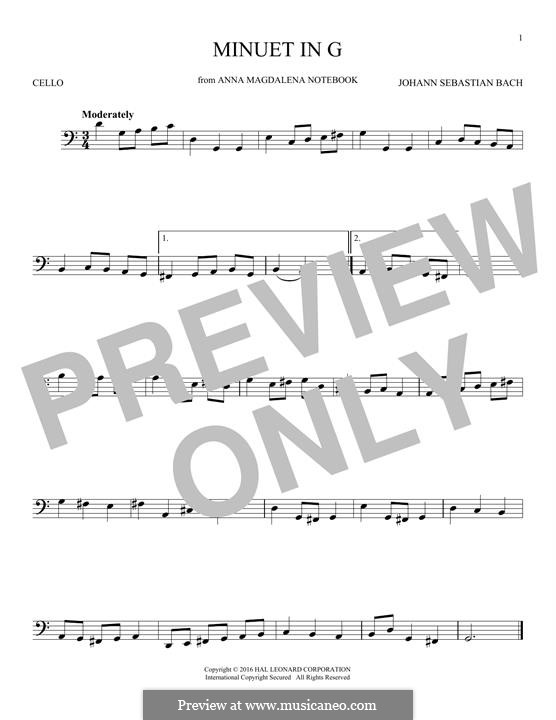 No.4 Minuet in G Major, BWV Anh.114: para violoncelo by Johann Sebastian Bach