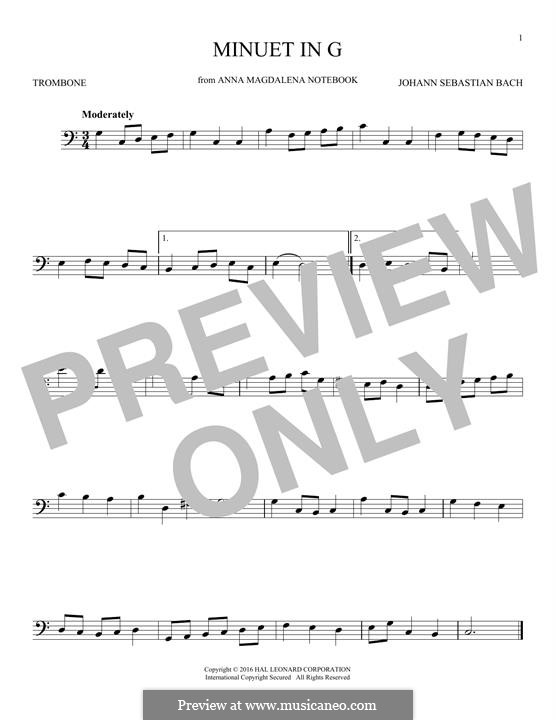 No.4 Minuet in G Major, BWV Anh.114: para trombone by Johann Sebastian Bach