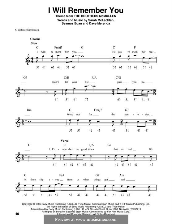 I Will Remember You (Theme from The Brothers McMullen): For harmonica by Dave Merenda, Sarah McLachlan, Seamus Egan