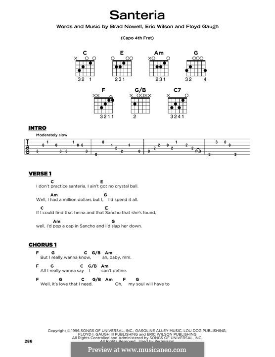 Santeria (Sublime): Lyrics and guitar chords by Brad Nowell, Eric Wilson, Floyd Gaugh