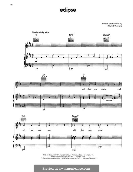 Eclipse (Pink Floyd): Para vocais e piano (ou Guitarra) by Roger Waters