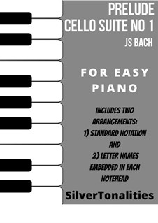 Suite for Cello No.1 in G Major, BWV 1007: Prelude, for easy piano sheet music combo by Johann Sebastian Bach