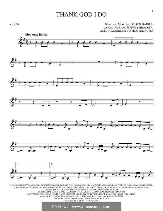 Thank God I Do (Lauren Daigle): para violino by Alecia Moore, Jason David Ingram