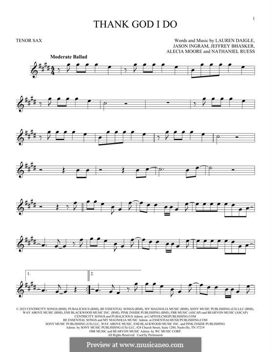Thank God I Do (Lauren Daigle): para saxofone tenor by Alecia Moore, Jason David Ingram