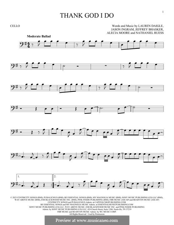 Thank God I Do (Lauren Daigle): para violoncelo by Alecia Moore, Jason David Ingram