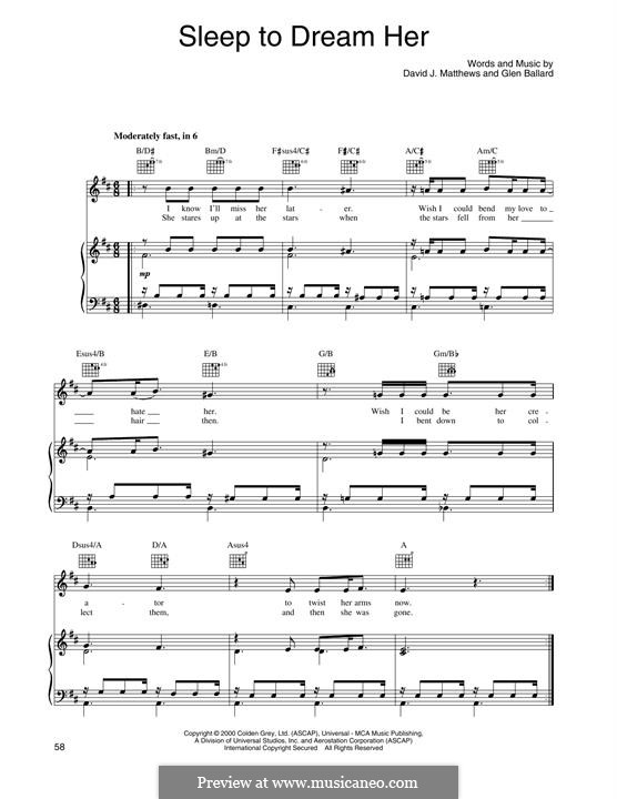 Sleep to Dream Her (Dave Matthews Band): Para vocais e piano (ou Guitarra) by David J. Matthews, Glen Ballard