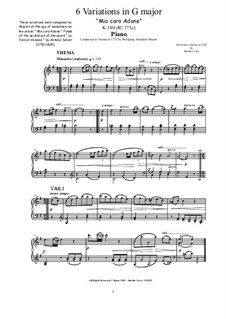 Six Variations on 'Mio caro Adona' by A. Salieri, K.180: Para Piano by Wolfgang Amadeus Mozart