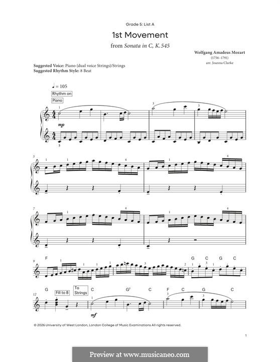 Sonata for Piano No.16 in C Major, K.545: movimento I by Wolfgang Amadeus Mozart